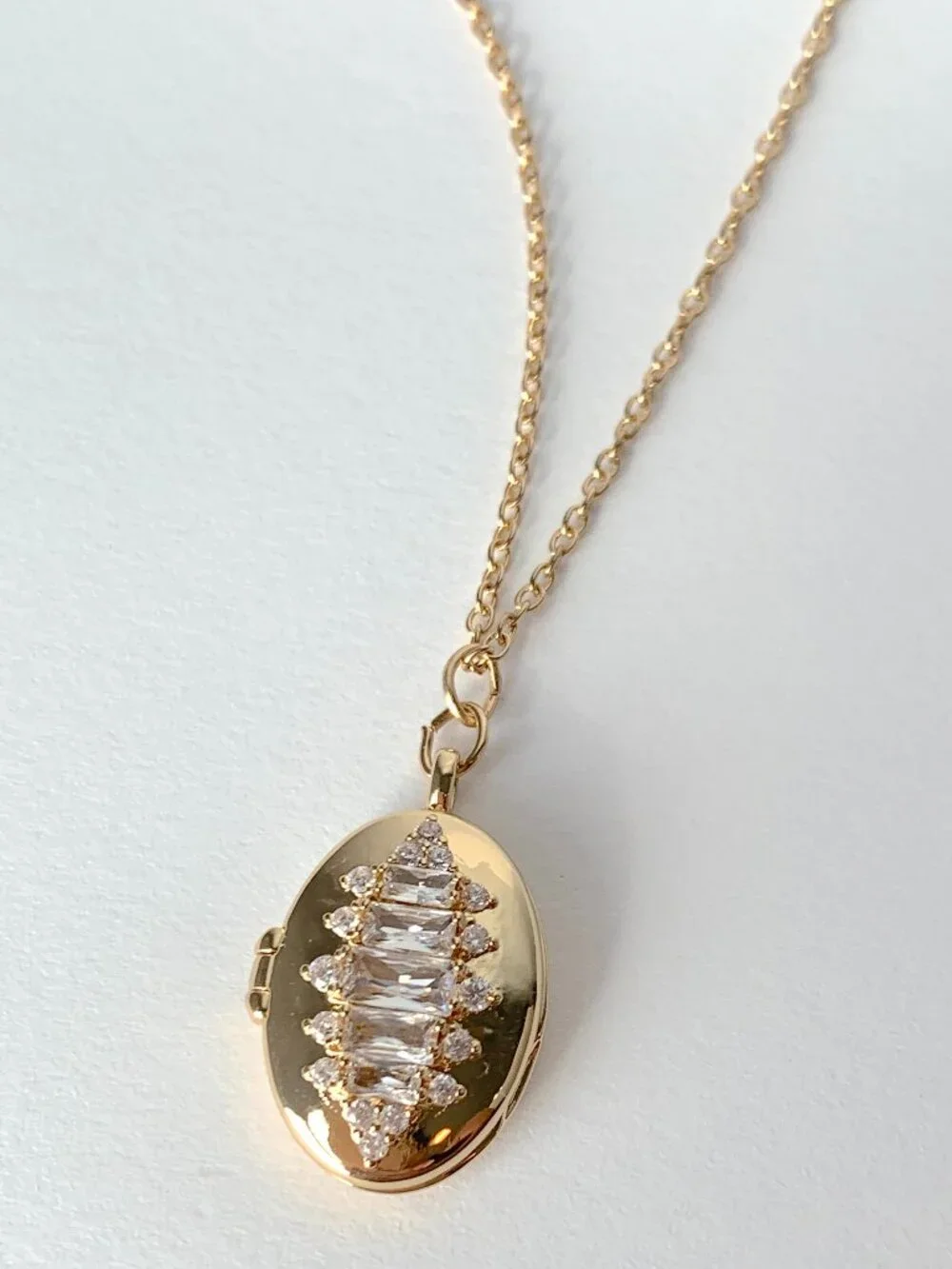 NEW ~ Anthropologie Oval CZ Baguette Gold Locket Necklace